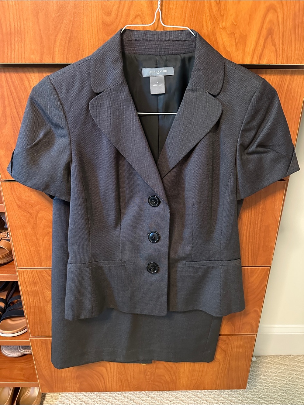 Ann Taylor Short Sleeve Structured suit- Gray Blazer with Matching Skirt